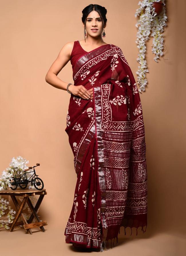 Linen Maroon Casual Wear Printed Saree